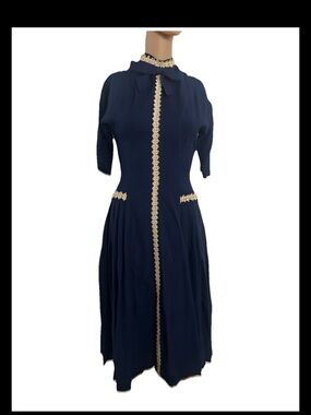 PRISTINE 1940s Navy Wool-Linen Blend Dress Museum Quality New Look Soutache Trim